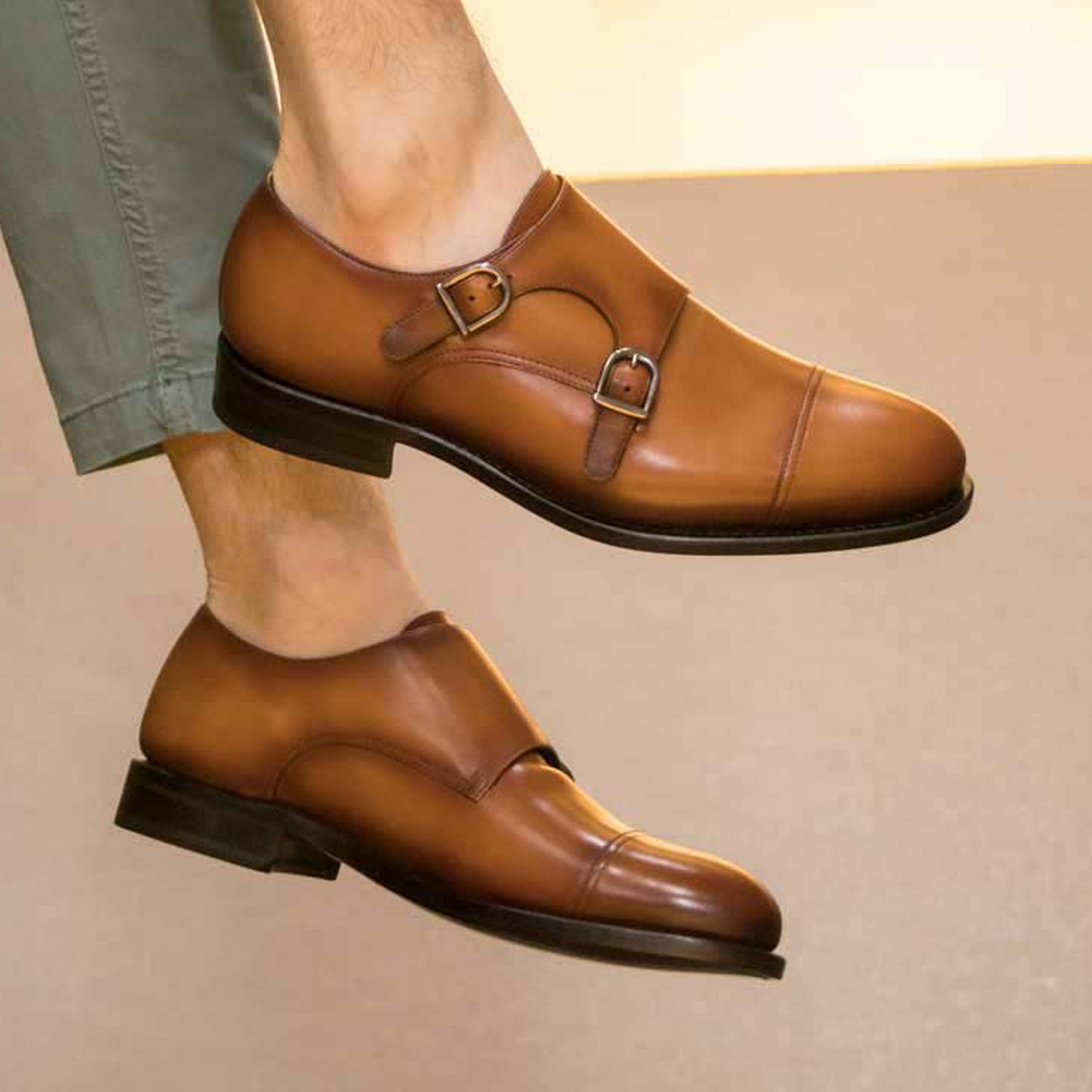 Double Monk Cognac Burnishing Shoes